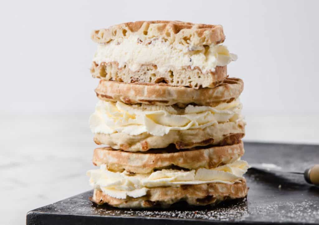 A stack of three keto cream puff chaffles.