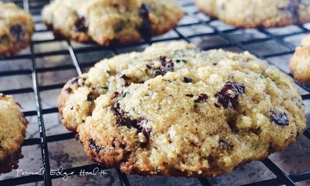 Keto Chocolate Chip Cookies on cooling rack