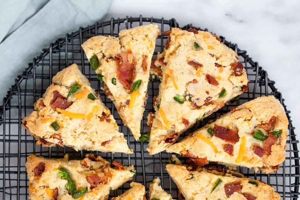 Bacon cheddar jalapeño scones on a cooling rack.