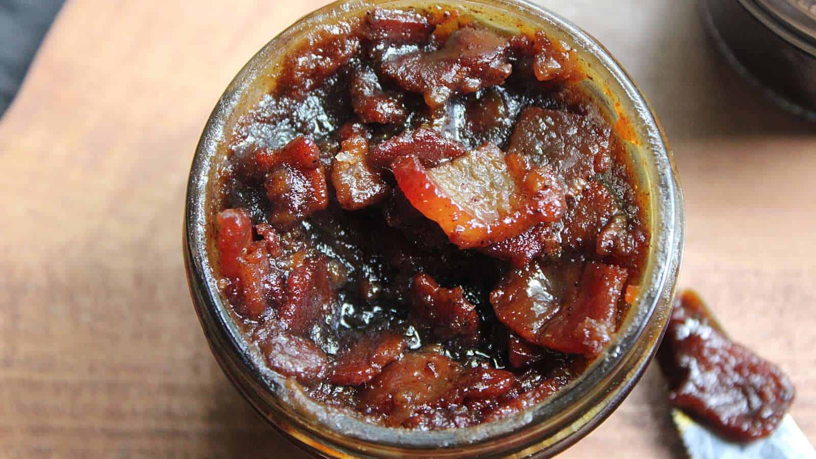 Maple bourbon bacon jam in jar.