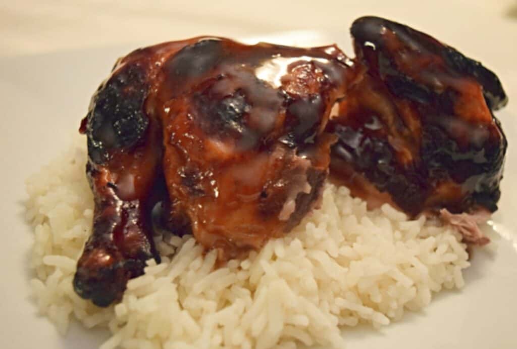 Orange Ginger Grilled Cornish Hens over rice on a white plate.