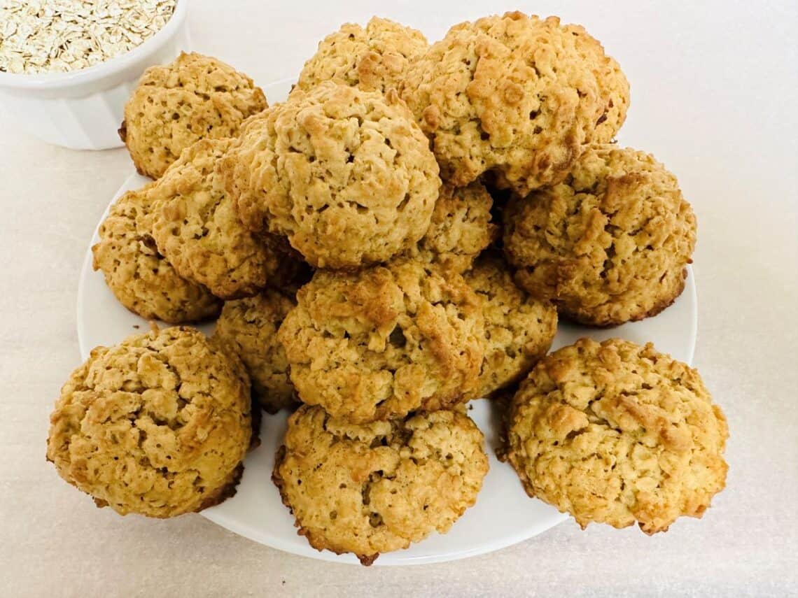 Pile of oatmeal cookies on a plate.