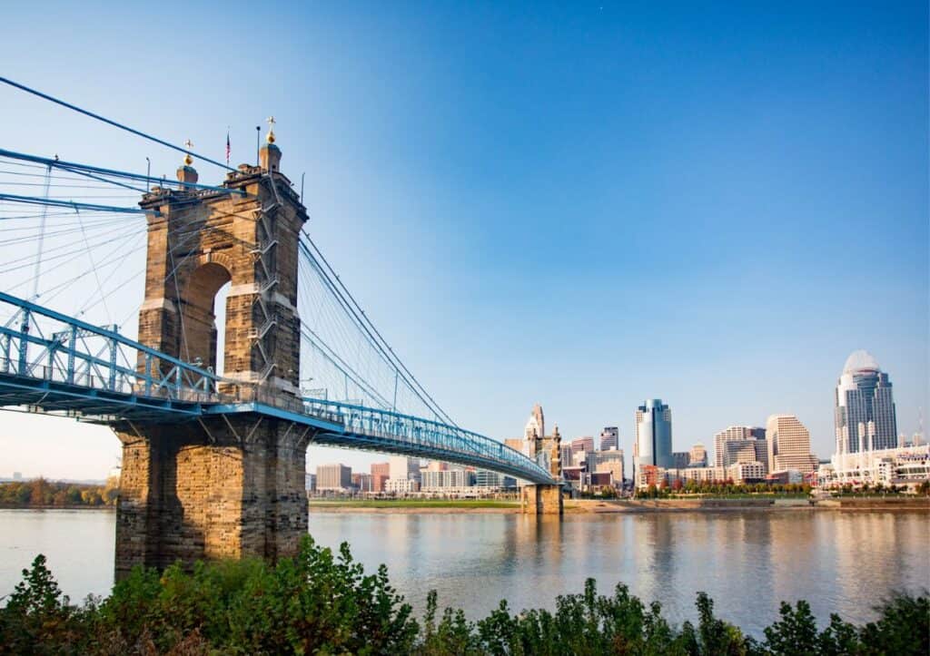 Roebling Bridge over the Ohio River on a beautiful fall day.