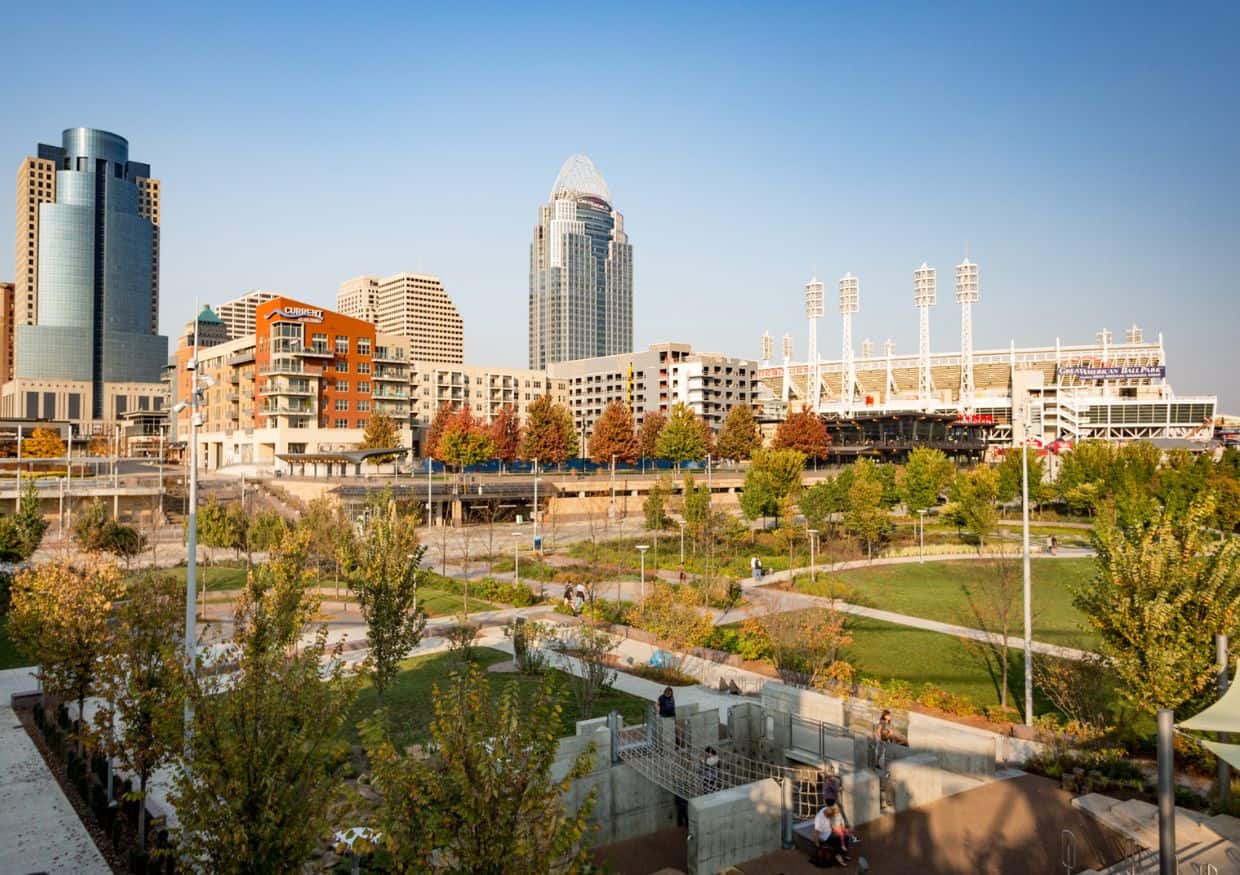 View of Smale Riverfront Park and Downtown Cincinnati on a beautiful fall day.