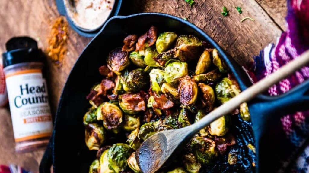 Skillet of cooked brussels. 
