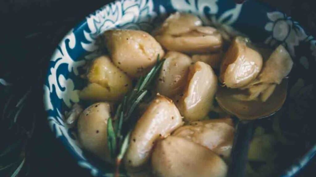 Bowl of smoked garlic cloves. 