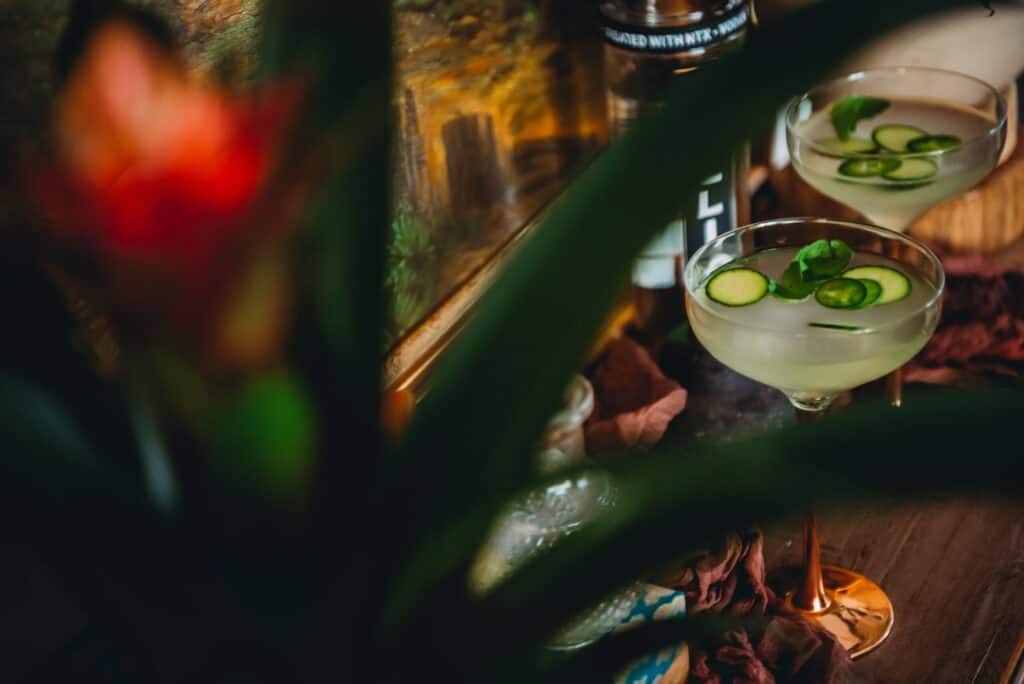 Beautiful martini shot through greenery. 