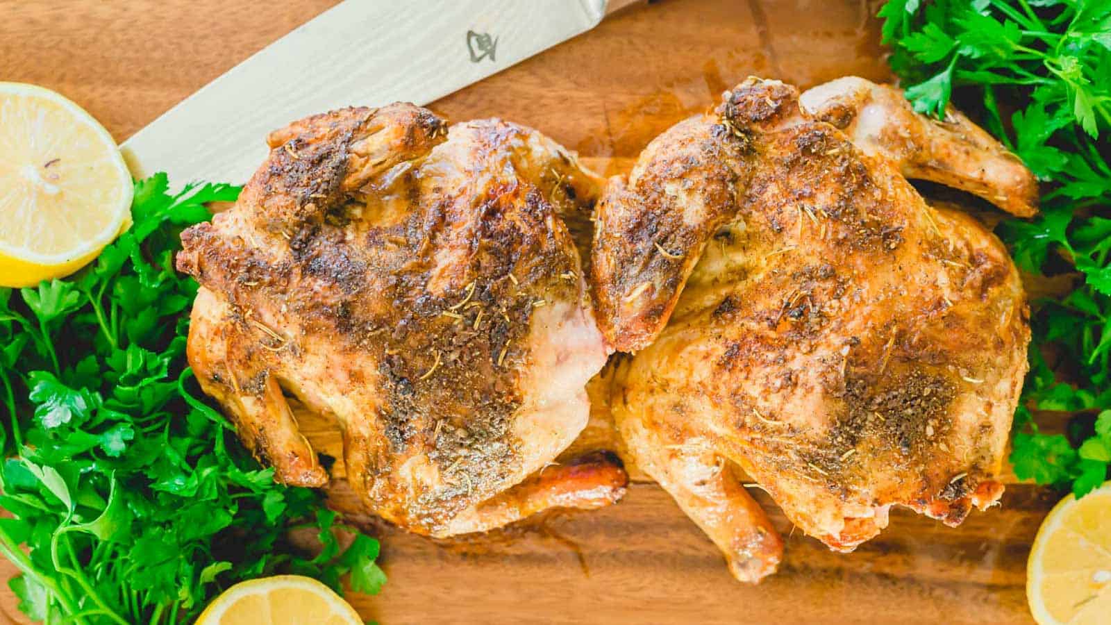Air fryer Cornish hens on a cutting board with carving knife.