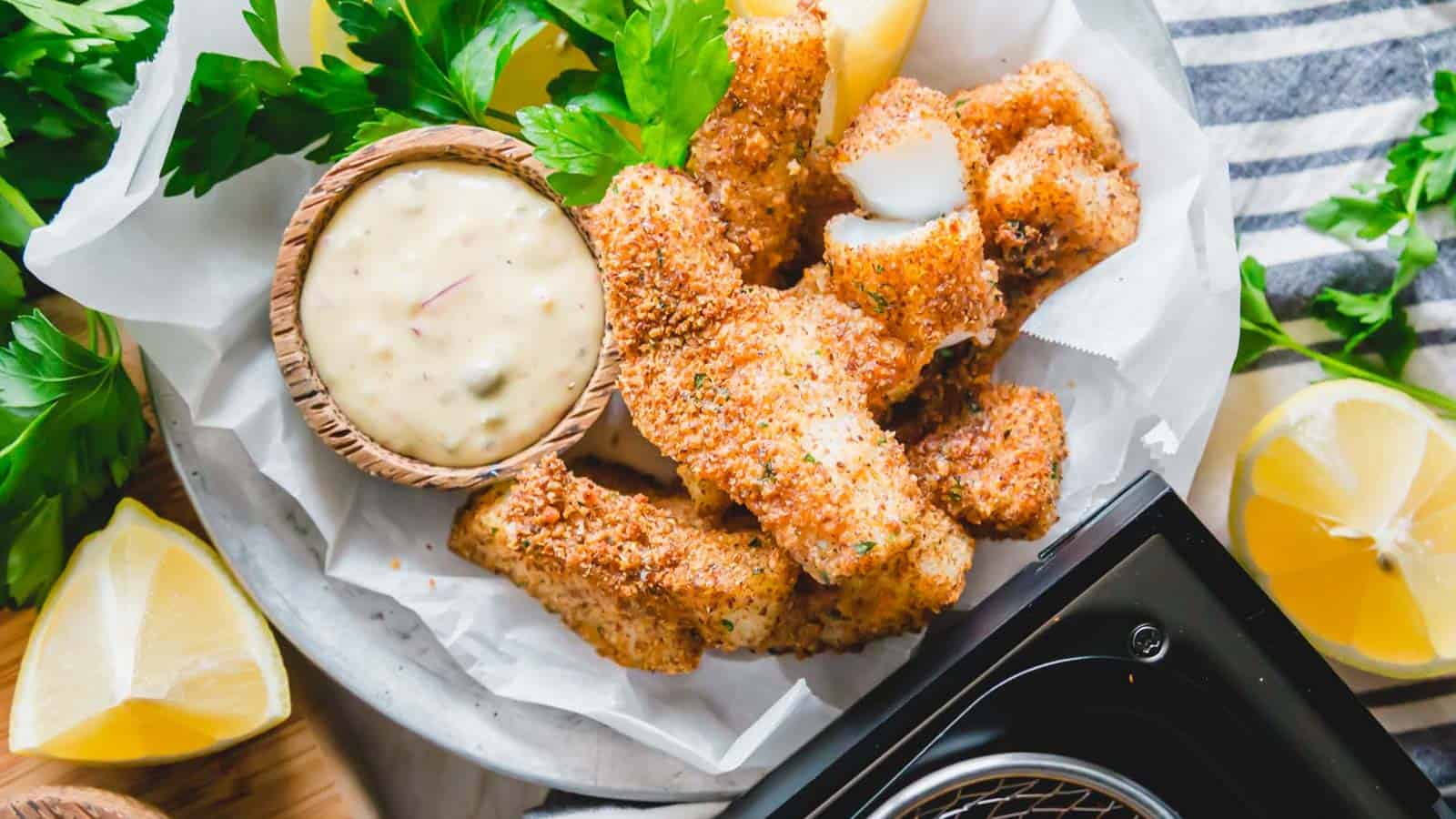 Air fryer fish sticks with remoulade dipping sauce.
