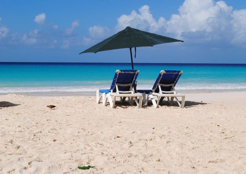 Two beach chairs under an unbrella.