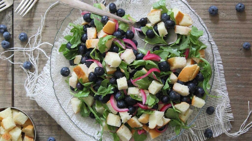 Pickled blueberry panzanella salad.