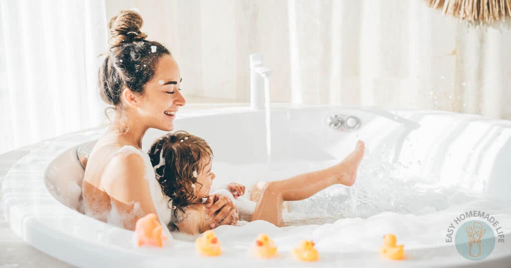 mom and child with DIY bubble bath powder