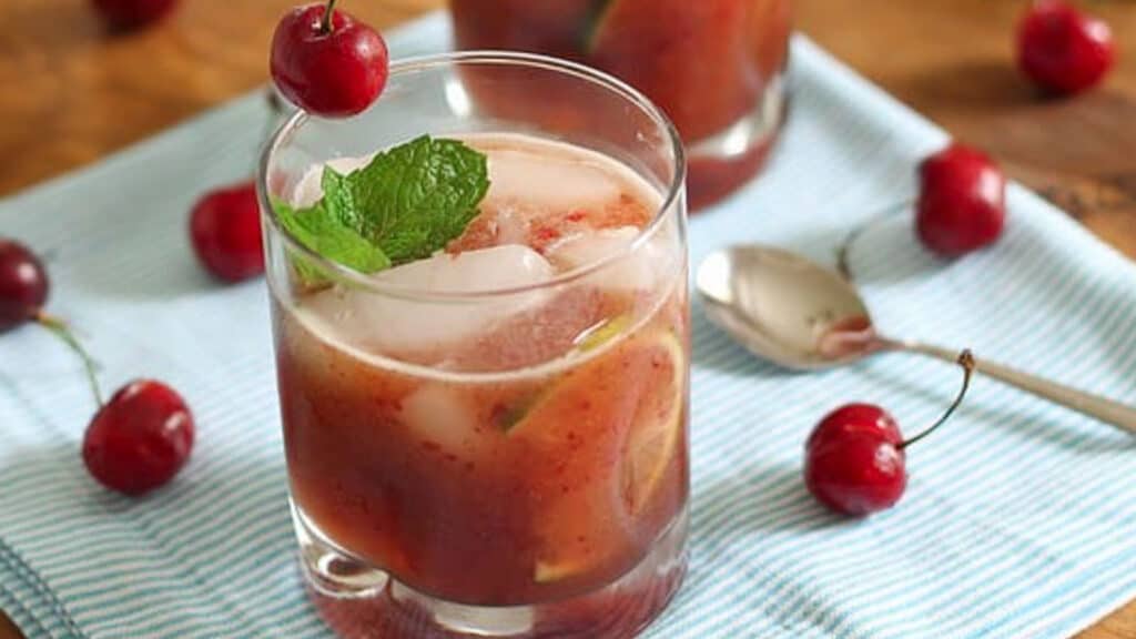 Cherry mock mojito with mint.