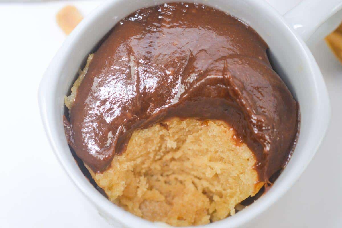 Peanut butter mug cake with chocolate fudge frosting.