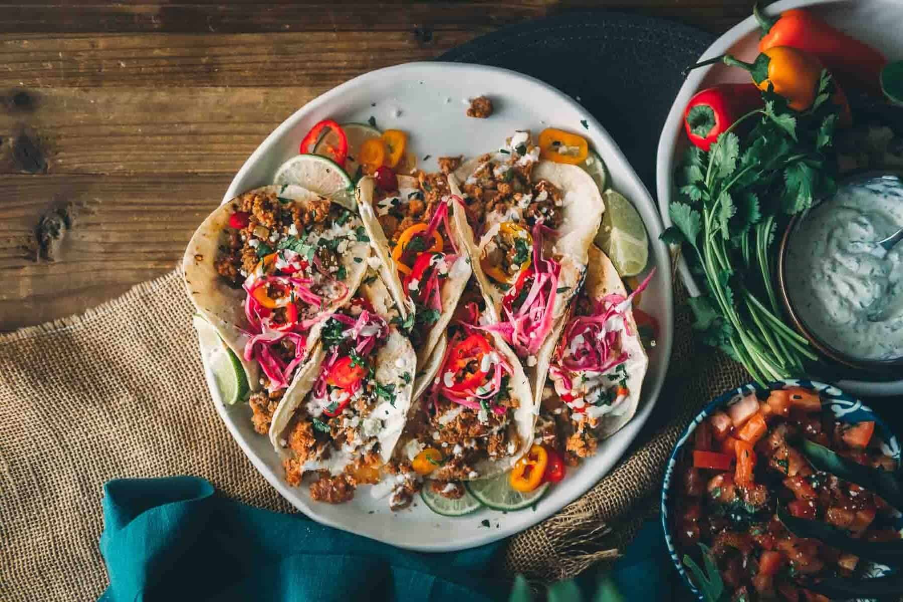 Overhead shot of platter of chorizo tacos