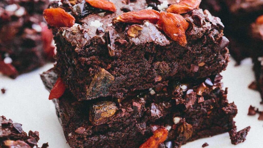 Superfoods brownies stacked on top of each other.
