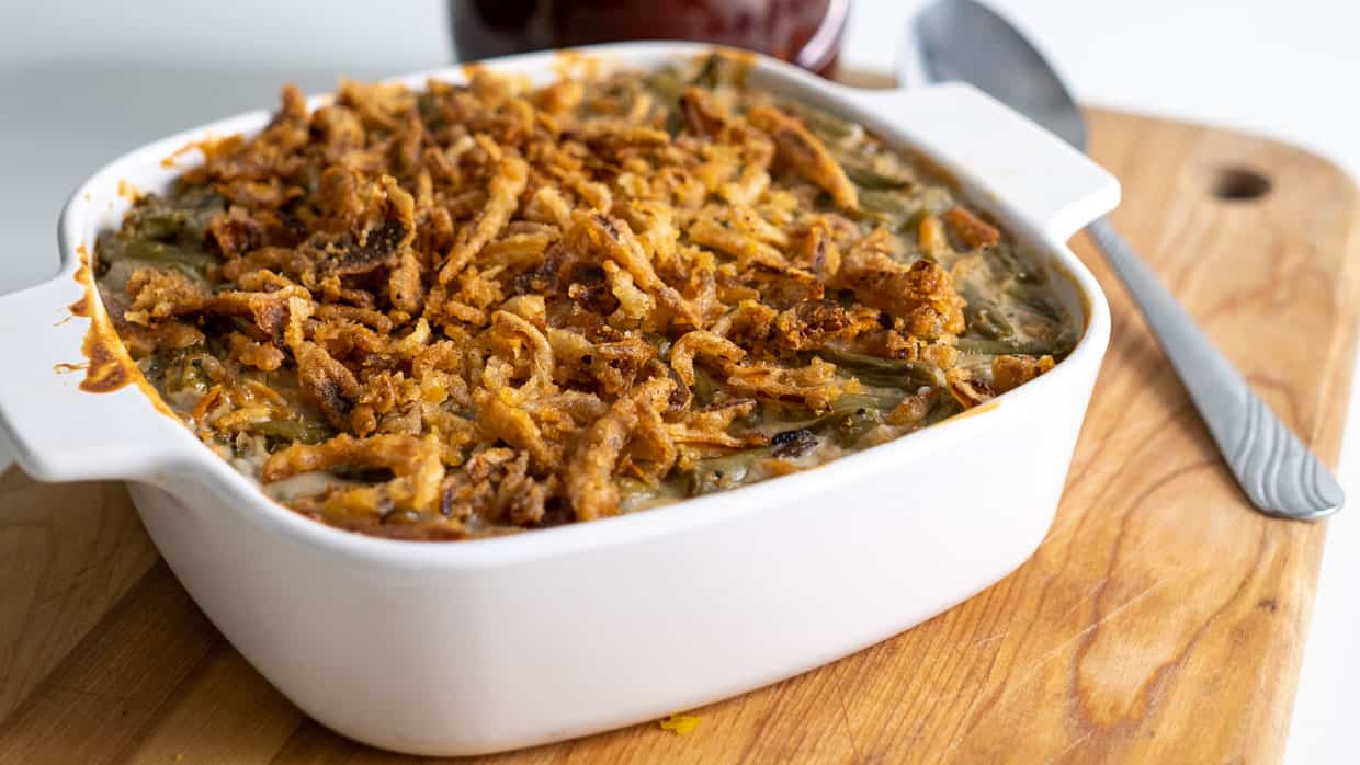 Classic Campbell's Green Bean casserole topped with fried onions.