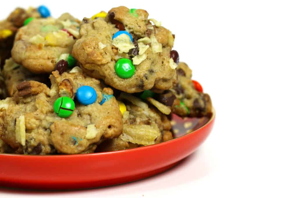 cookies with M&M's, potato chips, pretzels, nuts and chocolate chips.