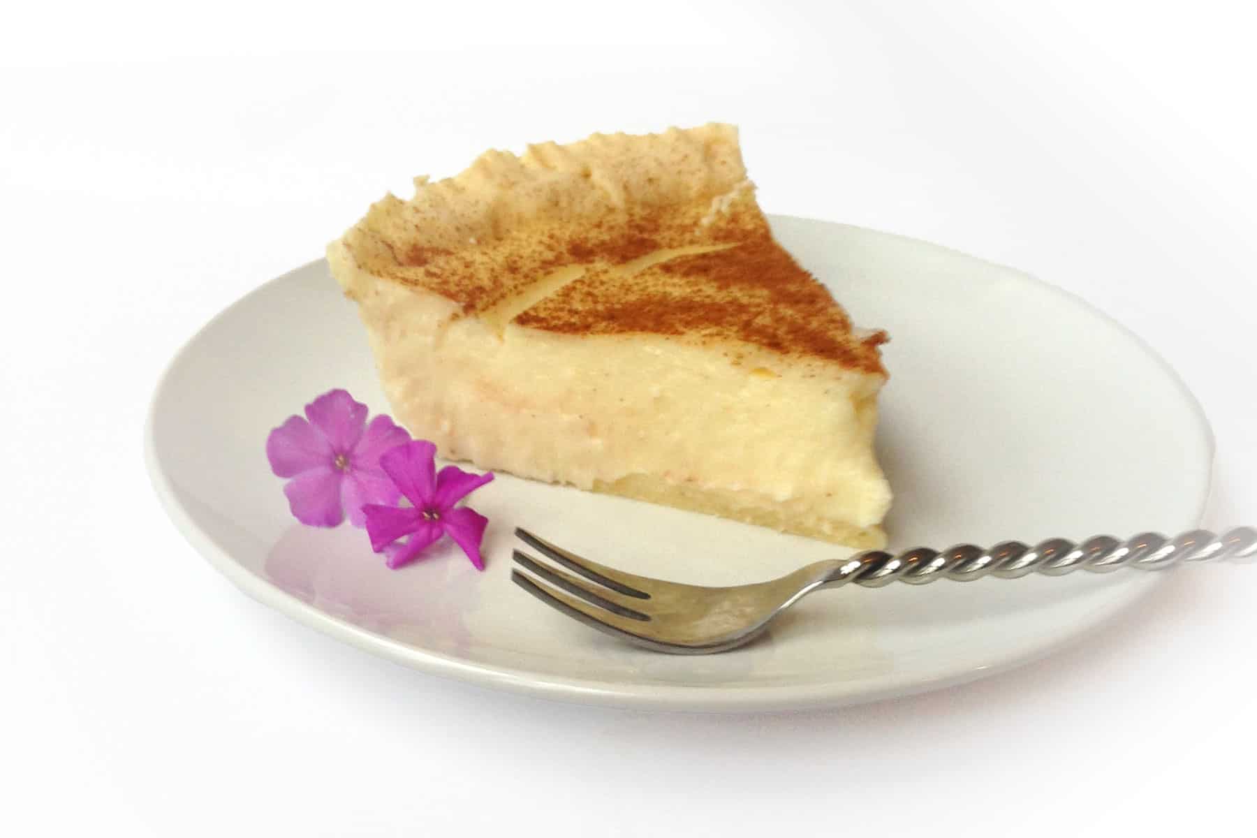 a slice of Milk Tart with a cinnamon topping on a white plate.