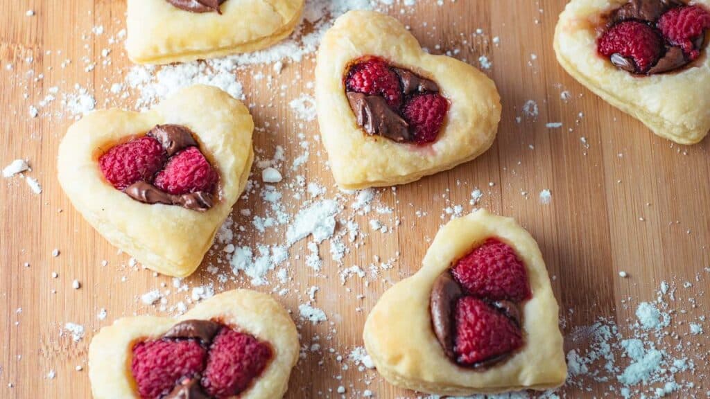 Heart shaped puff pastry cookies topped with nutella and raspberries.