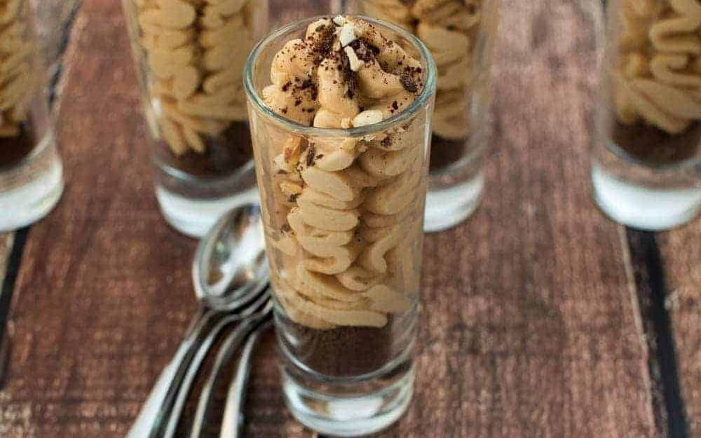 No bake chocolate peanut butter cheesecake in a shot glass.