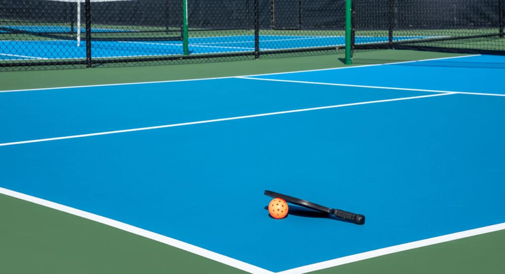 Blue pickleball court with a racket and a ball sitting on the court.