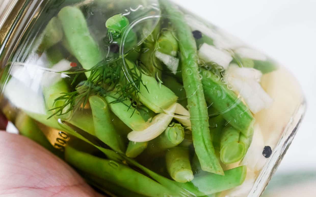 Holding a jar of pickled green beans with garlic and dill.