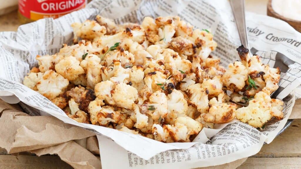 Salt and vinegar popcorn cauliflower in a newspaper covered bowl.