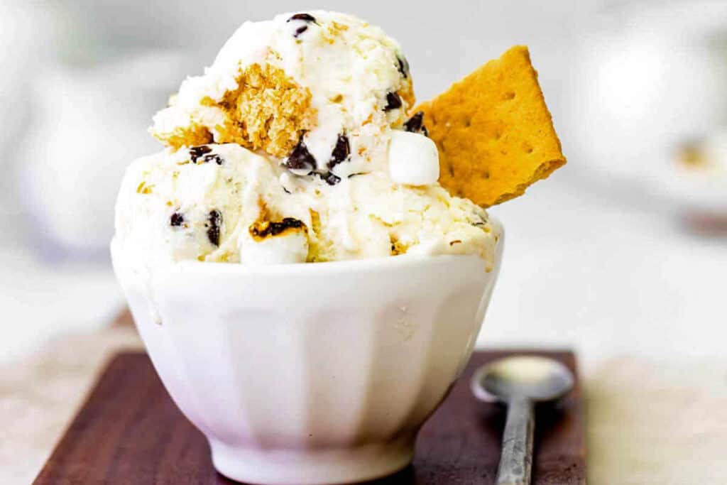 s'mores ice cream in a white bowl with graham crackers.