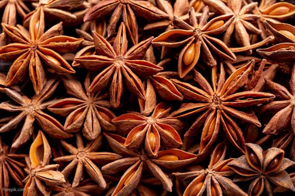 Close up of a pile of star anise pods.