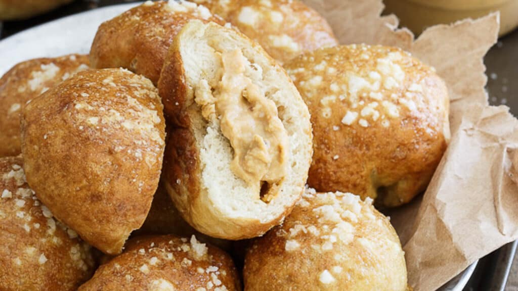 Hummus stuffed pretzel bites.