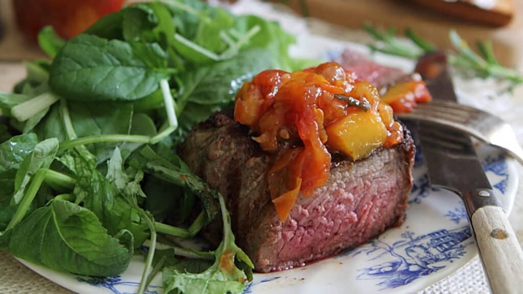 Rosemary peach chutney on a steak.