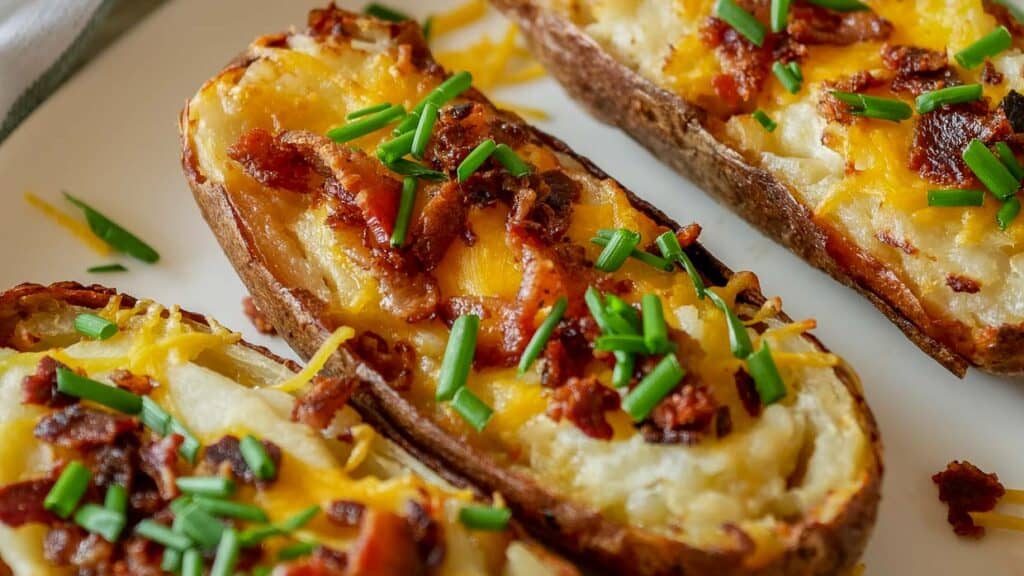 Twice baked potatoes with bacon and cheese on a plate.