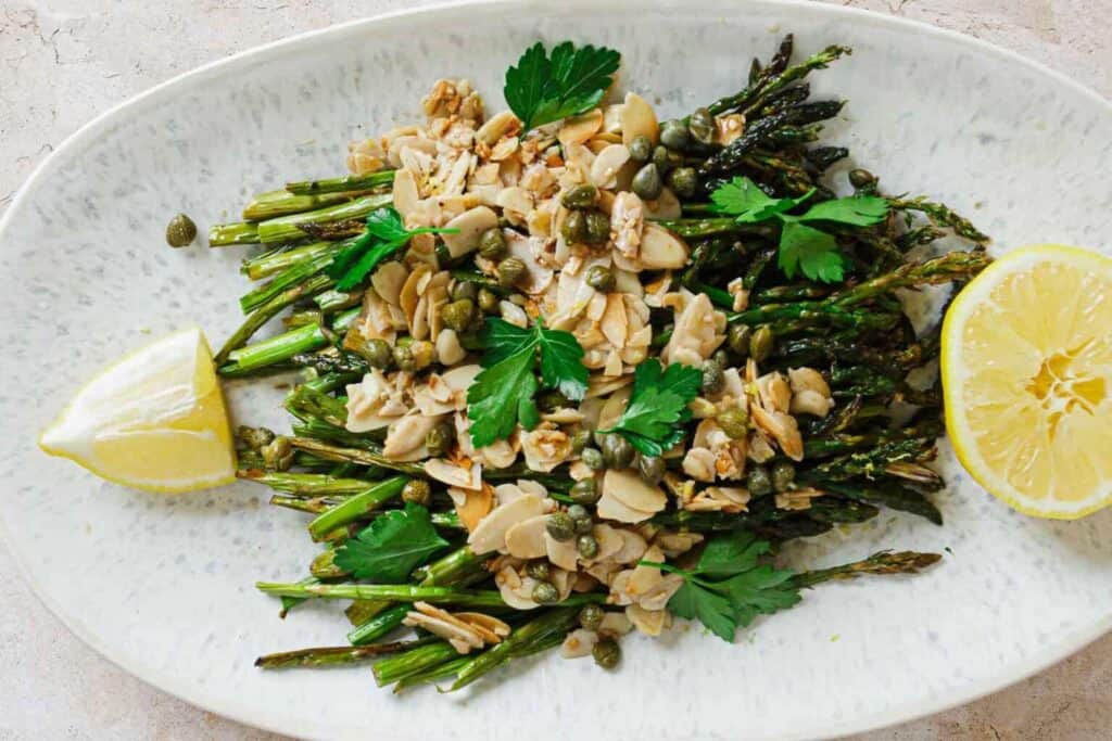 Air-fried asparagus spears with crispy texture.