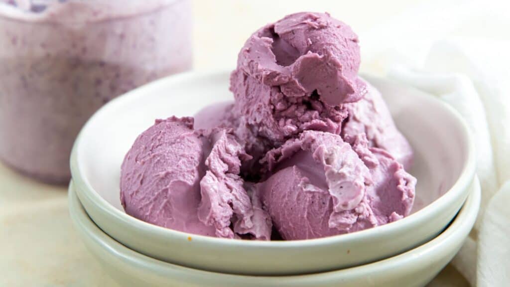 Ninja Creami Blueberry frozen yogurt in an ice cream bowl