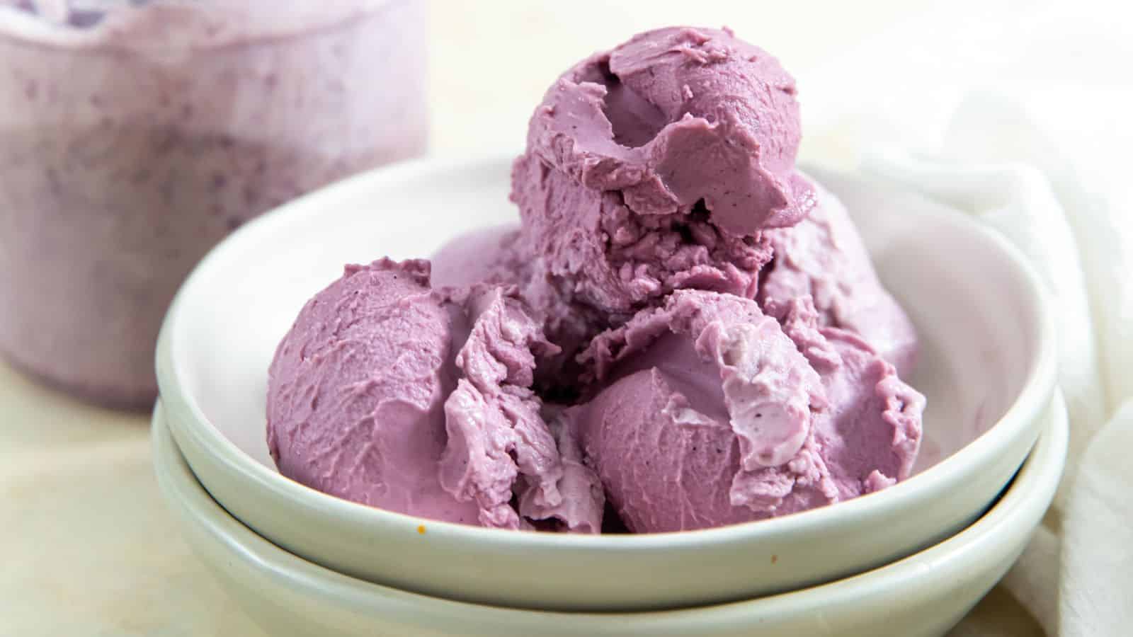 Bluberry Frozen Yogurt in a white bowl with an ice cream scoop.