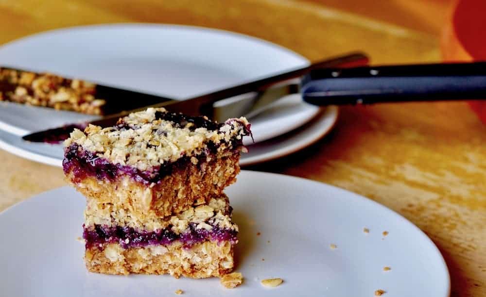 Blueberry Bars on a white plate.