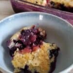 Image shows Blueberry Pudding Cake in a blue bowl with the full dish behind it.