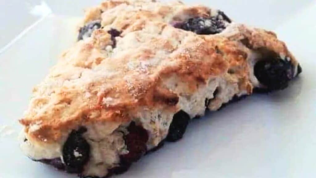 Image shows a Blueberry Scone on a white plate.