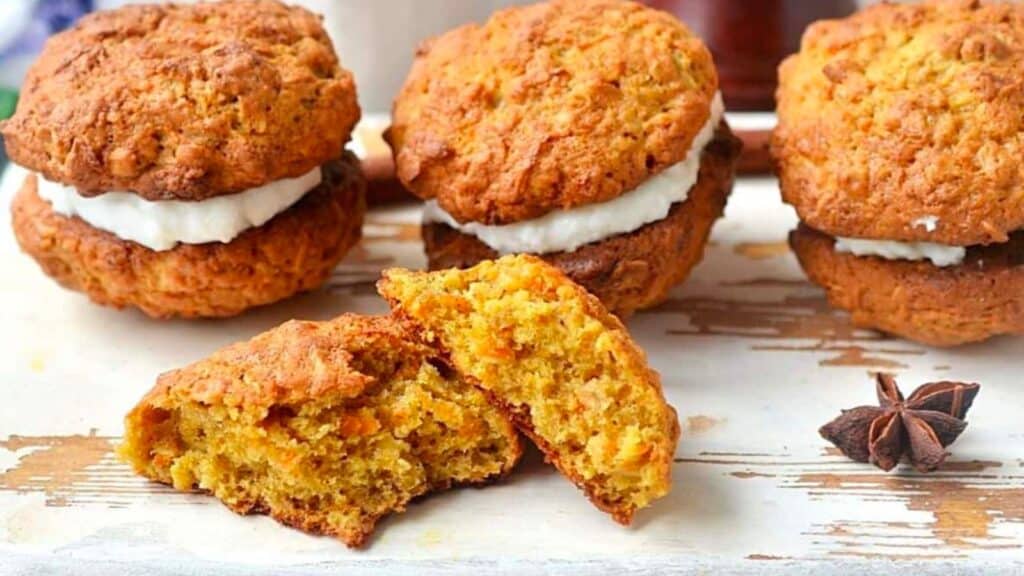 Carrot cake cookies with cream cheese icing filling.