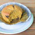 Chocolate chip pumpkin muffin missing a bite on a plate.