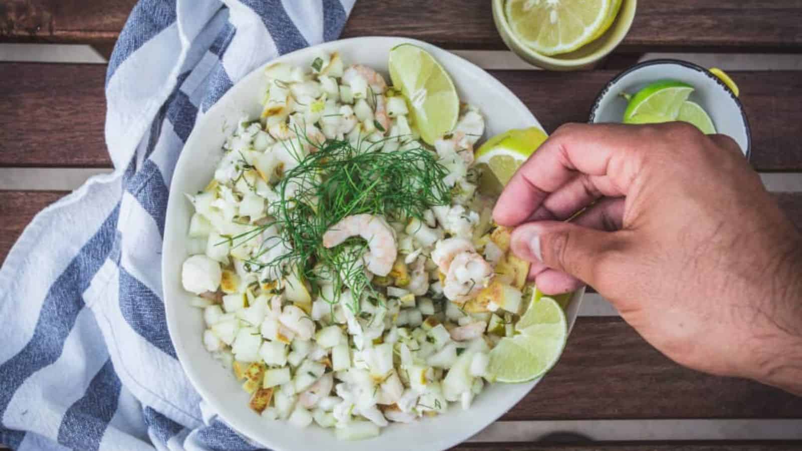 A bowl of Colombian ceviche with pear, fennel, and mango.