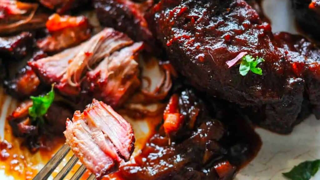 close up of smoked country style pork ribs.