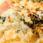 A serving spoon serving of creamy spinach chicken bake.
