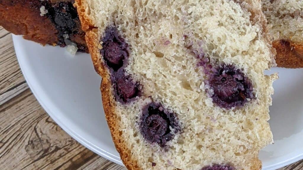 Dutch oven blueberry bread slices on a white plate.