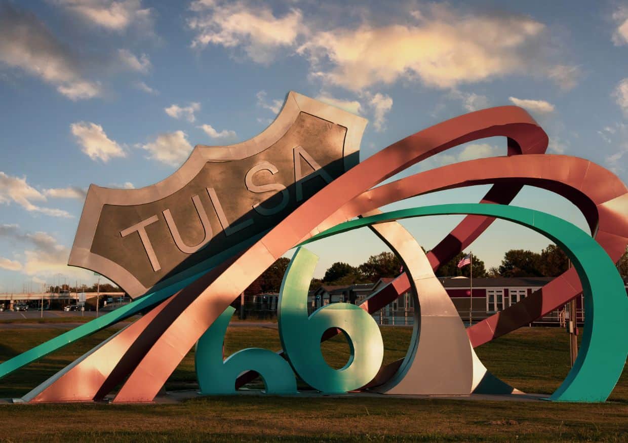 An elaborate Route 66 sculpture in Tulsa, Oklahoma.