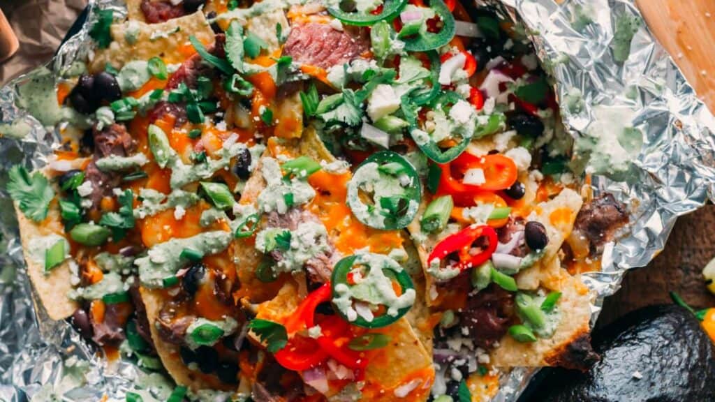 Foil loaded with nachos.