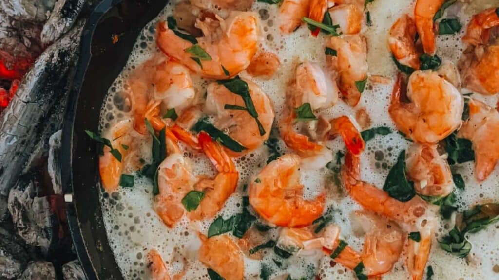 pan of garlic butter shrimp.