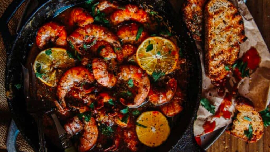 Platter full of New Orleans BBQ shrimp.