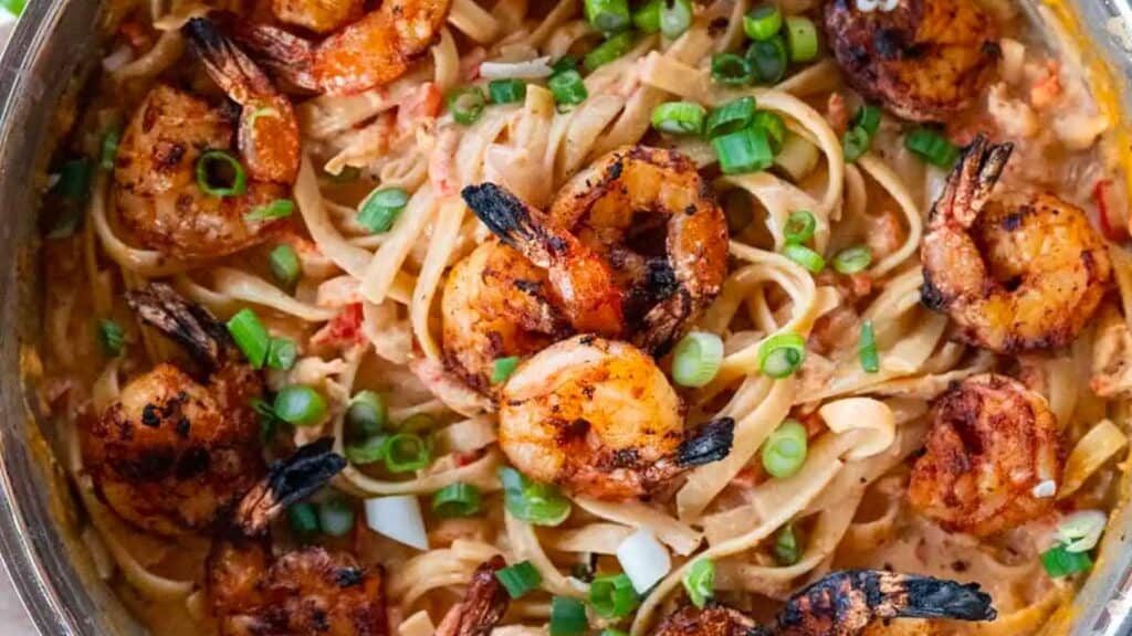 Pan of blackened shrimp fettuccine.